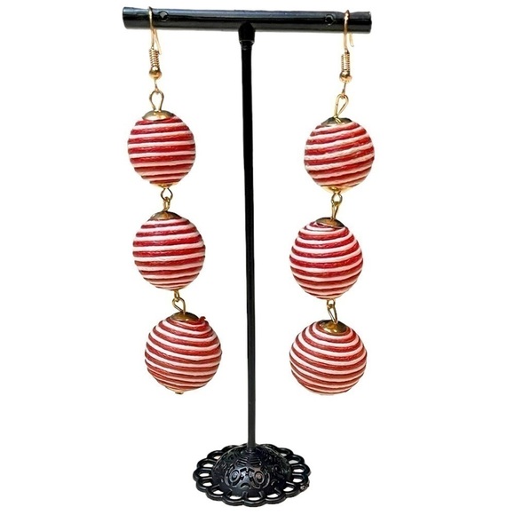 Red and White Wax Rope Bon Bon Earrings - Picture 1 of 2